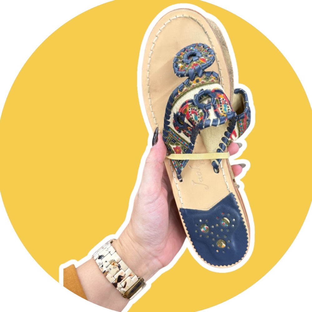 Jack Rogers Vera Bradley Navajo Tapestry Navy Leather Thong Sandals Size…